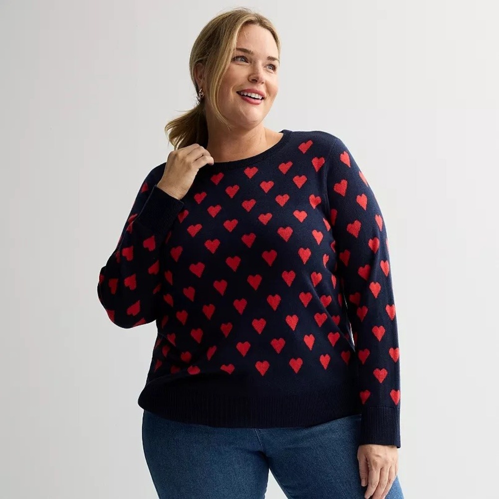 Croft & Barrow Womens Navy Blue Red Heart Soft Knit Crewneck Sweater Pullover